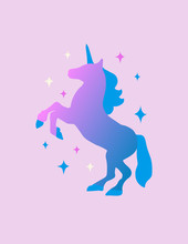 Vector Illustration With Unicorn Rearing Up Silhouette. Cartoon Magic Illustration