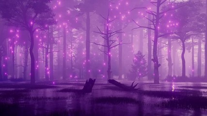 Wall Mural - fairytale woodland scene with mystic firefly lights flying over creepy swamp in a dark mysterious ni