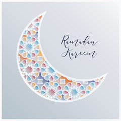 Wall Mural - Ornamental Arabic half moon with decorative colorful tile pattern background. Vector illustration greeting card, invitation for Muslim community holy month Ramadan Kareem.
