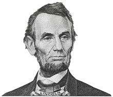 President Abraham Abe Lincoln Face Portrait On 5 Dollar Bill Isolated, Five Usd, US Money Closeup
