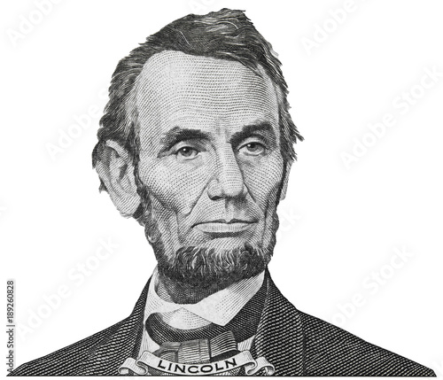 President Abraham Abe Lincoln face portrait on 5 dollar bill isolated, five usd, Tableau sur Toile