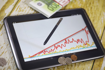 The graph of income growth. Electronic tablet with a graph of gr