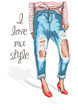 © sanatgen - Cute hand drawn sketch of a woman's legs in torn jeans. Fashion poster I love my style. Beautiful casual style. Fashion illustration. Vector.