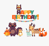 Fototapeta Pokój dzieciecy - Happy birthday - lovely vector card with funny cute animals and garlands