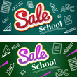 © kornetka - Vector banner back to school sale. Flyer and banner with colorful text on dark green school board. white icons hand-drawn with chalk on blackboard. Vector illustration.