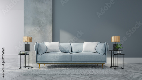 Loft And Vintage Interior Of Living Room Blue Sofa On White