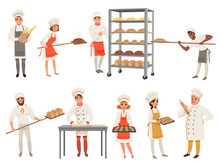 Bakers Characters Set With Bread And Cooking Tools. Happy People In Aprons And Hats, Young Men And Women In Uniform Working In Bakery. Vector Isolated On White.