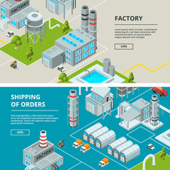 Poster - Horizontal banners with industrial buildings. Isometric factory