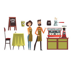 Canvas Print - Happy man and woman barista wearing plaid shirts. Set with design elements of coffee shop equipment table, chair, cups and mugs, coffee machine, cezve. Flat vector