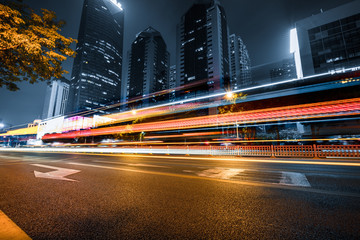 the light trails on the modern building background.