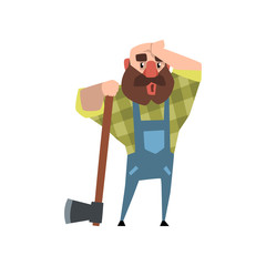 Poster - Tired lumberjack leaning on axe and rubbing his forehead with his hand. Cartoon bald man character in green checkered shirt and blue coveralls. Flat vector design