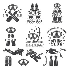 Poster - Silhouette of scuba and divers. Labels for sea sport club