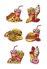 Wall Mural - vector set of hand drawn colored fast food elements