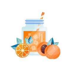 Wall Mural - Tasty summer smoothie with orange and apricot. Glass jar of refreshing juice with ice and drinking straw. Vegetarian cocktail. Flat vector for cafe menu or party poster