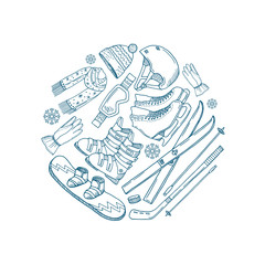 Sticker - Vector hand drawn winter sports equipment circle concept