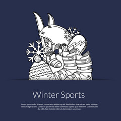 Wall Mural - vector hand drawn winter sports equipment and attributes in pocket illustration with place for text
