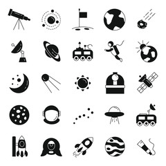 space black simple silhouette icons vector set. collection of space objects with astrunaut, planet a