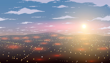 Wall Mural - Vector city in morning. Dawn on the horizon.