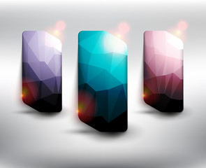 Wall Mural - Abstract crystal web banner set of 3. Low poly banners in 3 different colors. Isolated with realistic, transparent glass shine and shadow on the studio background. Vector illustration. Eps10.