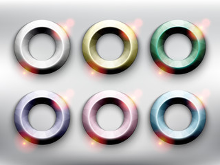 Wall Mural - Abstract vector web buttons set of 6. Low poly rings in 6 different pastel colors. Isolated with realistic, transparent glass shine and shadow on the light background. Vector illustration. Eps10.