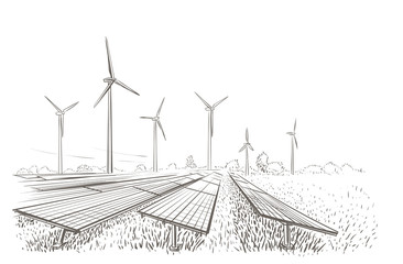 alternative sources of energy(wind, solar) hand drawn sketch. vector.