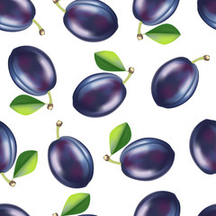 Poster - Realistic Detailed Fruit Plum Seamless Pattern Background. Vector