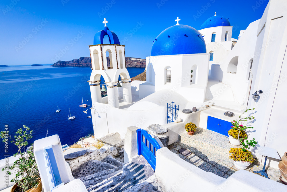 Oia, Santorini, Greece - Blue church and caldera - obrazy, fototapety, plakaty 