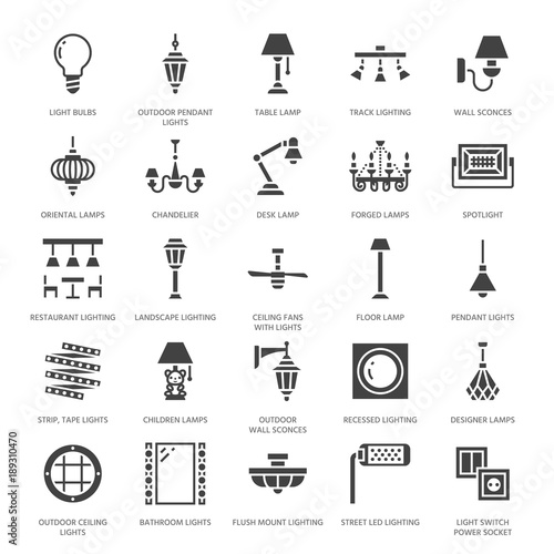 Light Fixture Lamps Flat Glyph Icons Home And Outdoor Lighting Light Fixture Lamps Flat Glyph Icons Home And Outdoor Lighting Equipment Chandelier Wall Sconce Bulb Power Socket Vector Ilration Signs For