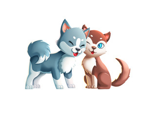 Poster - Two Cute Dogs! Kissing Couple! Video Game's Digital CG Artwork, Colorful Concept Illustration, Realistic Cartoon Style Characters
