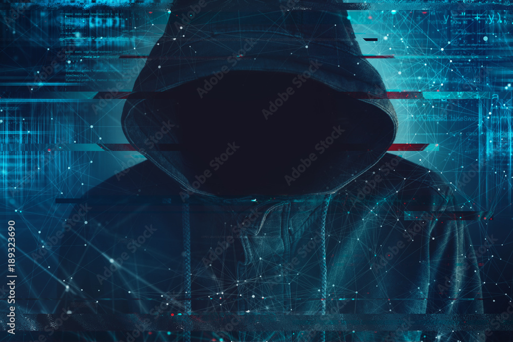 Cybersecurity, computer hacker with hoodie