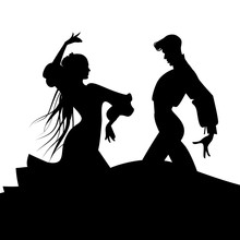 Silhouette Of Couple Of Typical Spanish Flamenco Dancers. Elegant Man And Beautiful Woman With Long Mane.