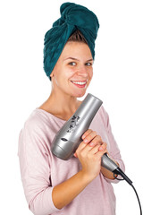 Wall Mural - Smiling woman blow drying her hair