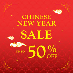 Wall Mural - Chinese New Year Sale vector illustration, Typography with clouds on traditional red pattern background