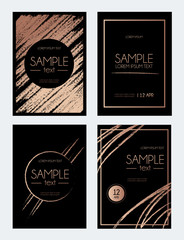 Brush stroke rose gold design template. Abstract design for invitation, greeting card. Black background with brush strokes. Vector illustration