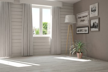 White empty room with summer landscape in window. Scandinavian interior design. 3D illustration