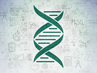 Science concept: Painted green DNA icon on Digital Data Paper background with Scheme Of Hand Drawn Science Icons