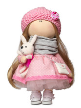 Rag Doll With A Rabbit Isolated On White Background.