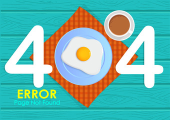 Wall Mural - 404 error page not found with breakfast vector style and wood background