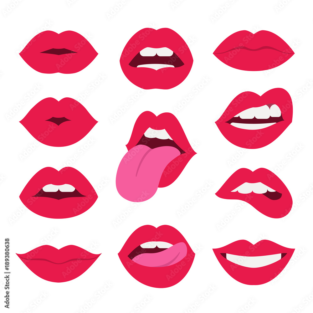 Red lips collection. Vector illustration of sexy woman's lips expressing different emotions, such as smile, kiss, half-open mouth, biting lip, lip licking, tongue out. Isolated on white. - obrazy, fototapety, plakaty 
