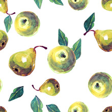 Seamless Background With Apples And Pears Painted Watercolor.