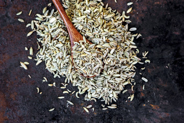 Sticker - Fennel seeds in a wooden spoon. Spice over the black rusty background.