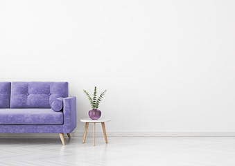 Aufkleber - Livingroom interior wall mock up with violet velvet sofa, plant in vase and coffee table on empty white background. 3D rendering.