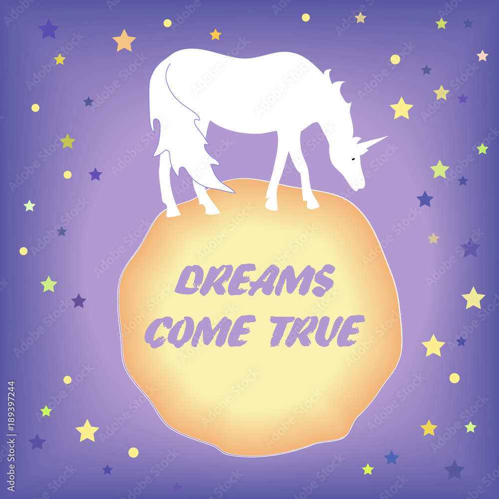 Night sky with stars and unicorn staying on a little planet. Vector ...
