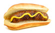 Grilled Bratwurst with mustard on bun. Isolated.
