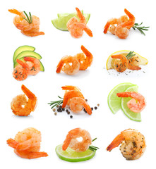 Sticker - Set of fried shrimps on white background