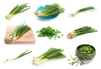 Wall Mural - Collage with green onion on white background