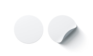 blank white round adhesive stickers mock up with curved corner, 3d rendering. empty circle sticky la