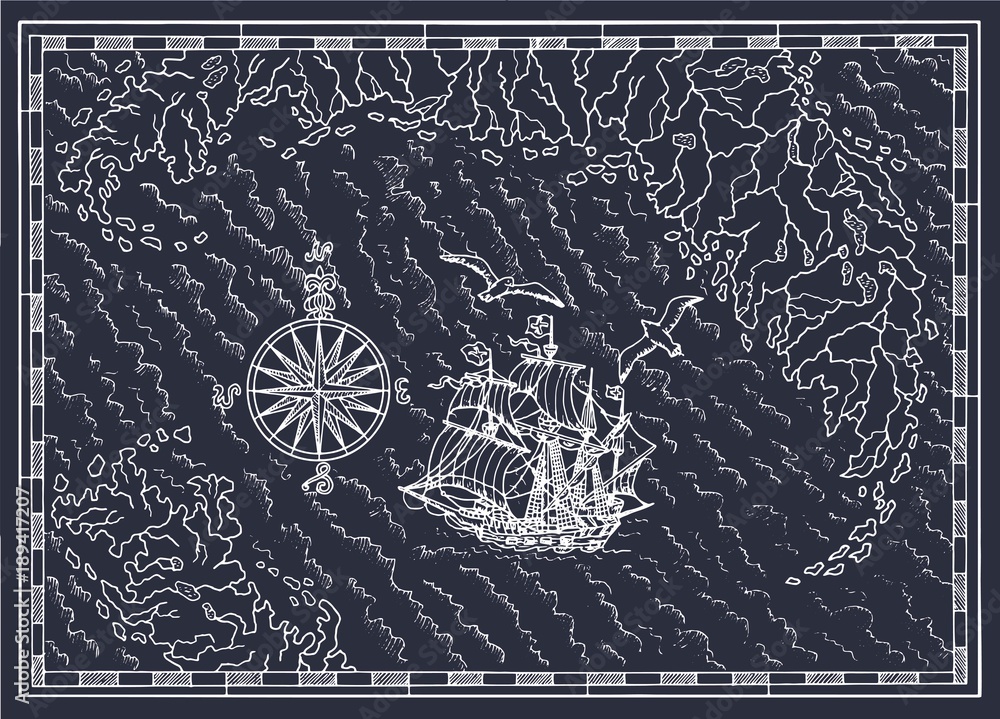 Pirate treasure map with sailing vessel, compass and frame on blue ...
