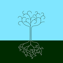 Wall Mural - Line drawing of a tree with curvy branches and roots, vector illustration.