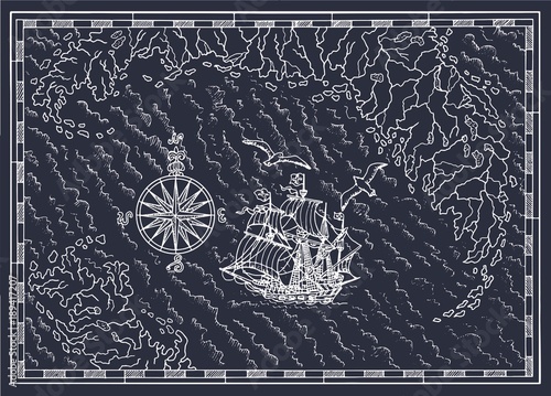 Pirate treasure map with sailing vessel, compass and frame on blue background...